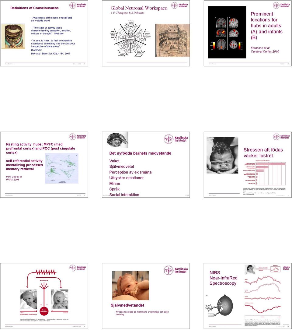 locations for hubs in adults (A) and infants (B) Fransson et al Cerebral Cortex 2010 39 Resting activity hubs: MPFC (med prefrontal cortex) and PCC (post cingulate cortex) self-referential activity