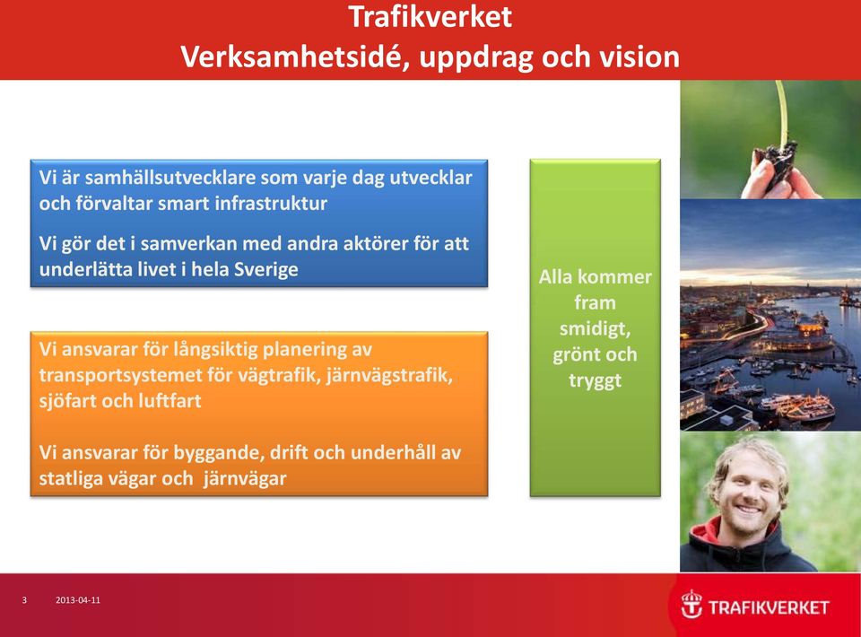 för långsiktig planering av transportsystemet för vägtrafik, järnvägstrafik, sjöfart och luftfart Vi ansvarar för