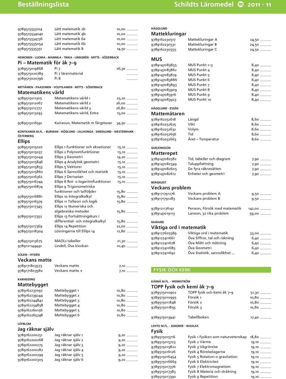 Pi 8 Metiäinen - Paasonen - Voutilainen - Mitts - Söderback Matematikens värld 9789515011305 Matematikens värld 1 25,20 9789515012067 Matematikens värld 2 26,00 9789515012777 Matematikens värld 3