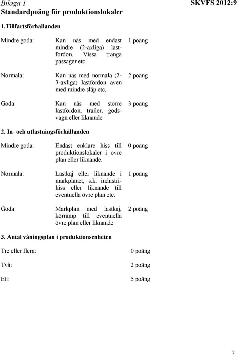 In- och utlastningsförhållanden Mindre goda: Normala: Endast enklare hiss till produktionslokaler i övre plan eller liknande. Lastkaj eller liknande i markplanet, s.k. industrihiss eller liknande till eventuella övre plan etc.