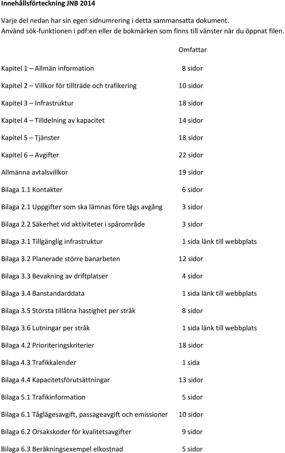 avtalsvillkor Bilaga 1.1 Kontakter Bilaga 2.1 Uppgifter som ska lämnas före tågs avgång Bilaga 2.2 Säkerhet vid aktiviteter i spårområde Bilaga 3.1 Tillgänglig infrastruktur Bilaga 3.