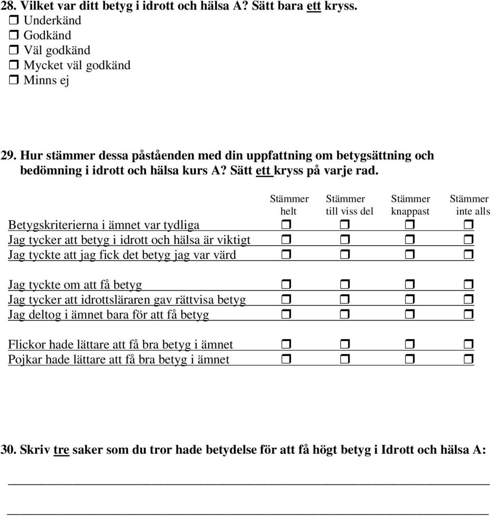 Stämmer Stämmer Stämmer Stämmer helt till viss del knappast inte alls Betygskriterierna i ämnet var tydliga Jag tycker att betyg i idrott och hälsa är viktigt Jag tyckte att jag fick det betyg