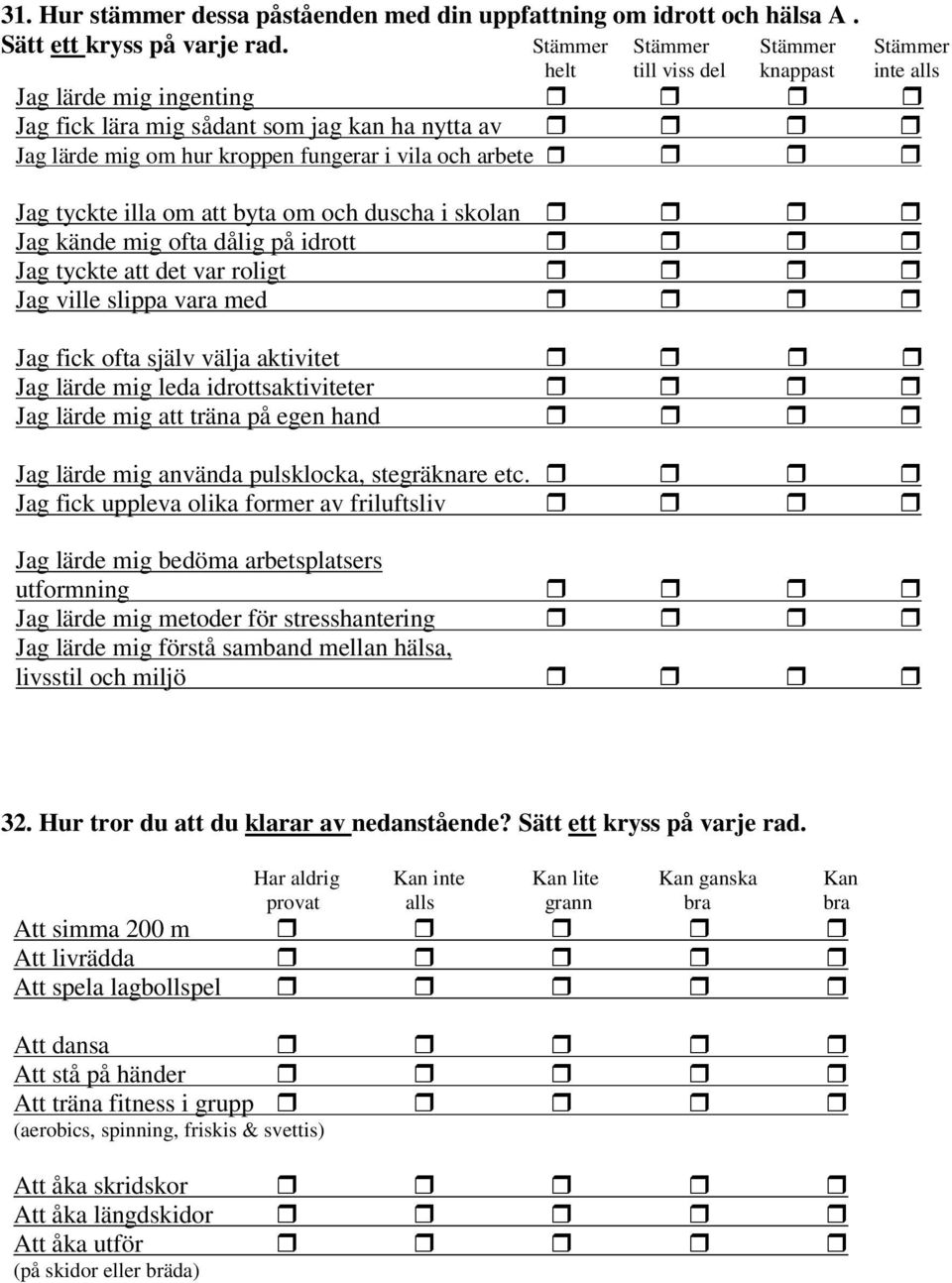 Jag tyckte illa om att byta om och duscha i skolan Jag kände mig ofta dålig på idrott Jag tyckte att det var roligt Jag ville slippa vara med Jag fick ofta själv välja aktivitet Jag lärde mig leda