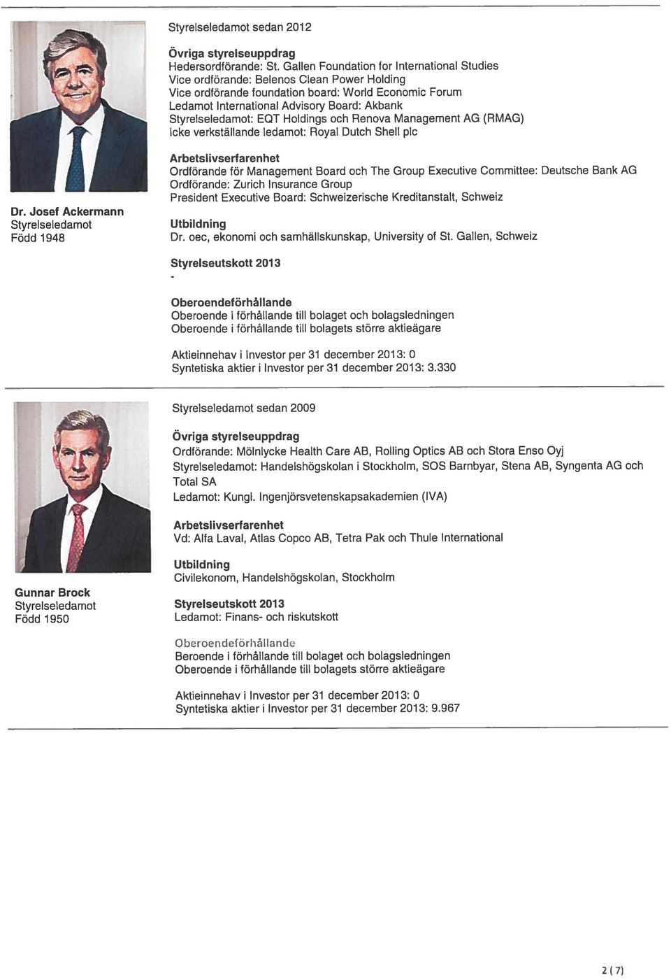 Styrelseledamot: EQT Holdings och Renova Management AG (RMAG) Icke verkställande ledamot: Royal Dutch Shell plc Dr.