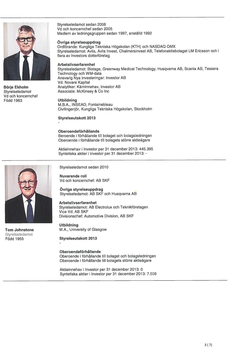 Arbetslivserfarenhet Styrelseledamot: Biotage, Greenway Medical Technology, Husqvarna AB, Scania AB, Tessera Technology och WM-data Ansvarig Nya investeringar: Investor AB Vd: Novare Kapital