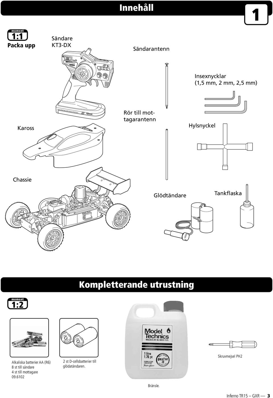mottagarantenn Hylsnyckel Chassie Glödtändare Tankflaska Kompletterande utrustning 1:2 Alkaliska batterier AA