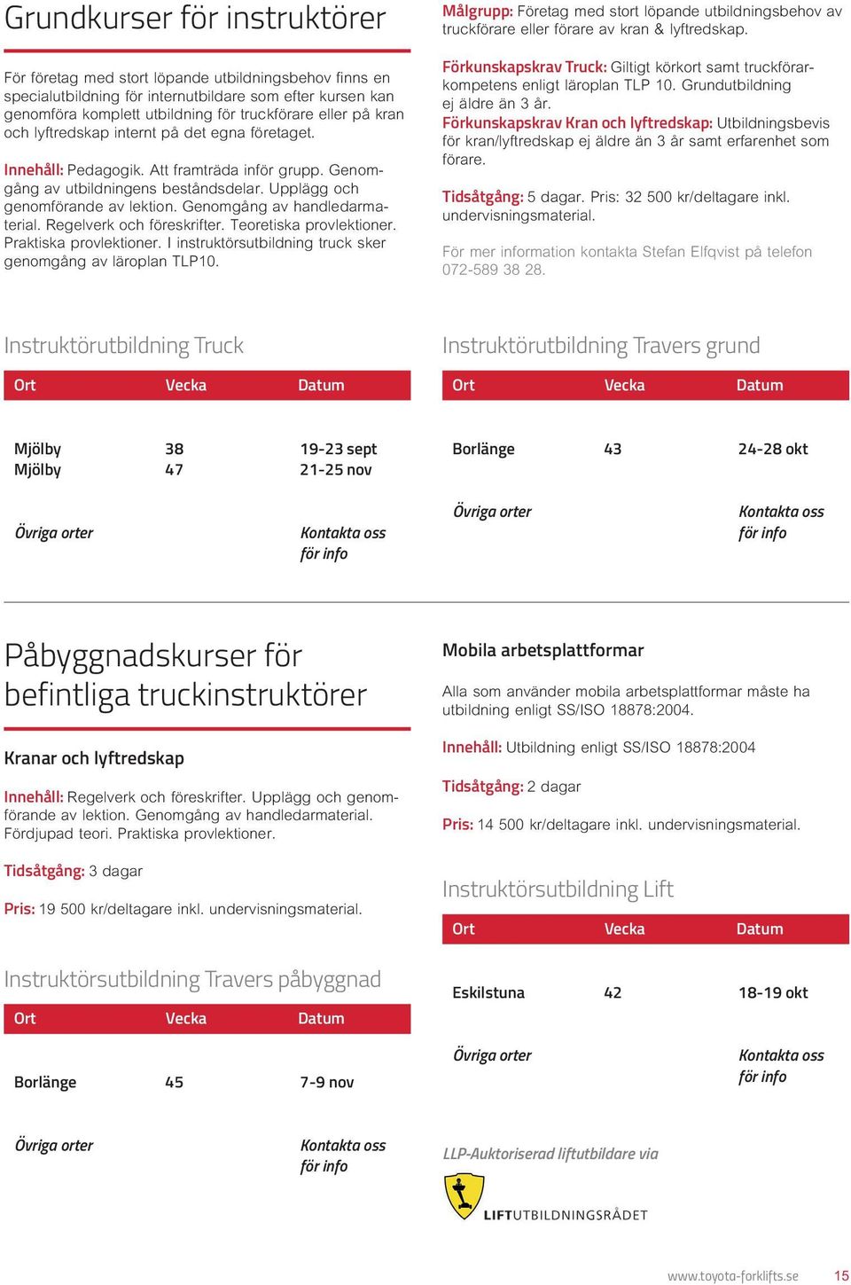 Genomgång av handledarmaterial. Regelverk och föreskrifter. Teoretiska provlektioner. Praktiska provlektioner. I instruktörsutbildning truck sker genomgång av läroplan TLP10.