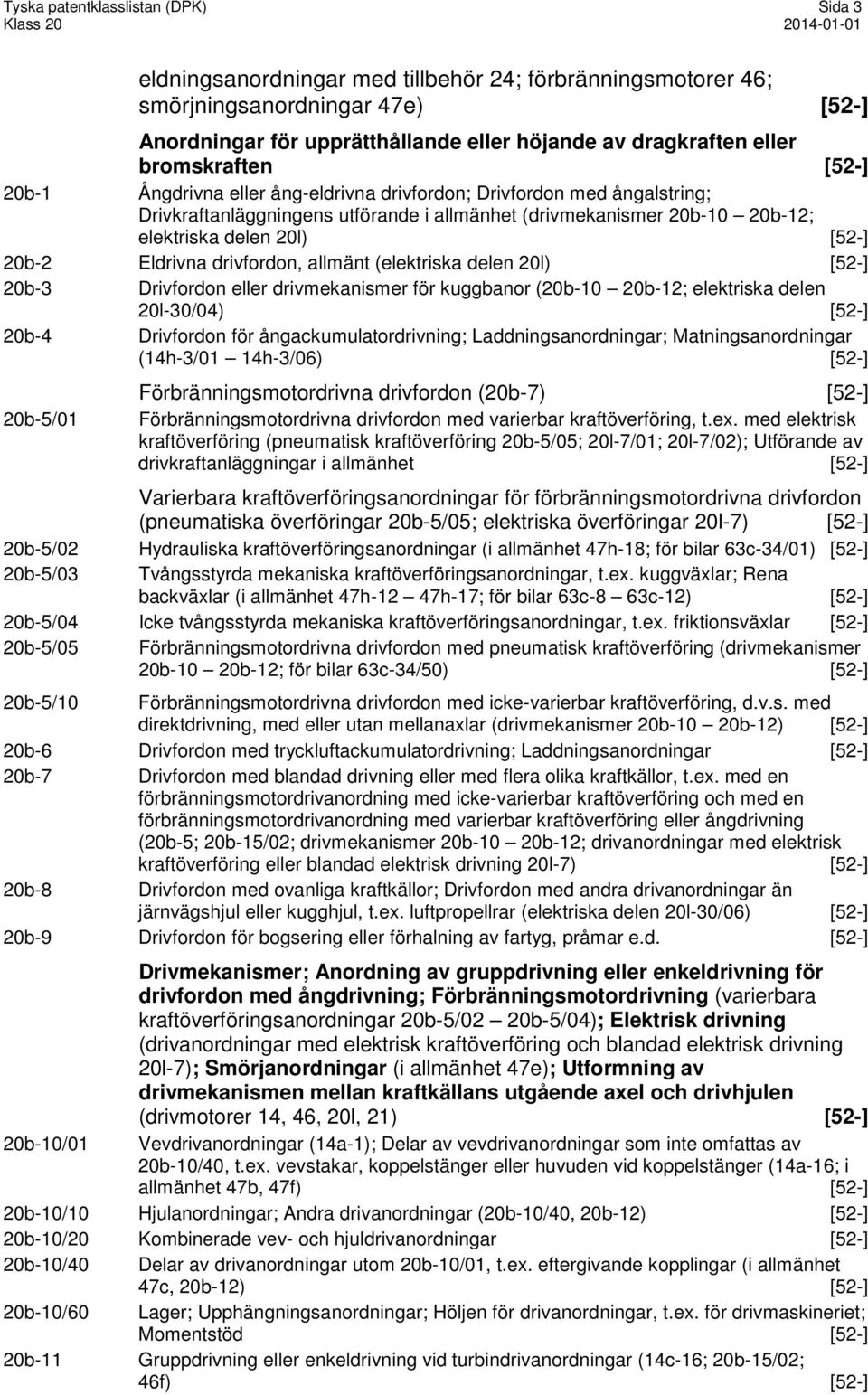 20b-2 Eldrivna drivfordon, allmänt (elektriska delen 20l) [52-] 20b-3 Drivfordon eller drivmekanismer för kuggbanor (20b-10 20b-12; elektriska delen 20l-30/04) [52-] 20b-4 Drivfordon för