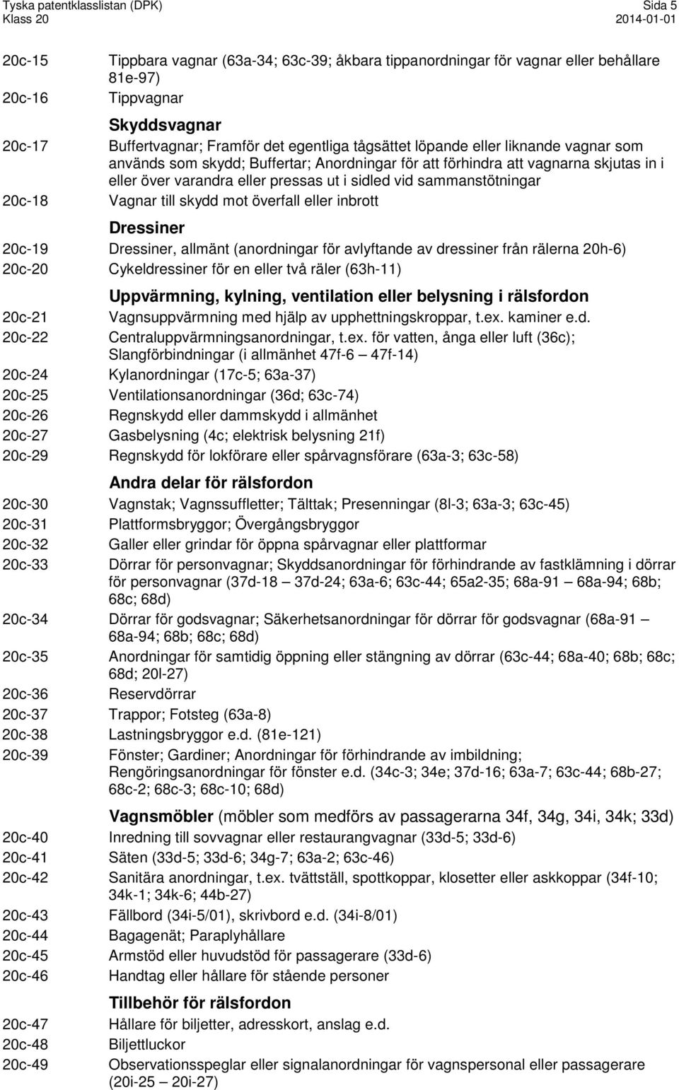 sammanstötningar 20c-18 Vagnar till skydd mot överfall eller inbrott Dressiner 20c-19 Dressiner, allmänt (anordningar för avlyftande av dressiner från rälerna 20h-6) 20c-20 Cykeldressiner för en