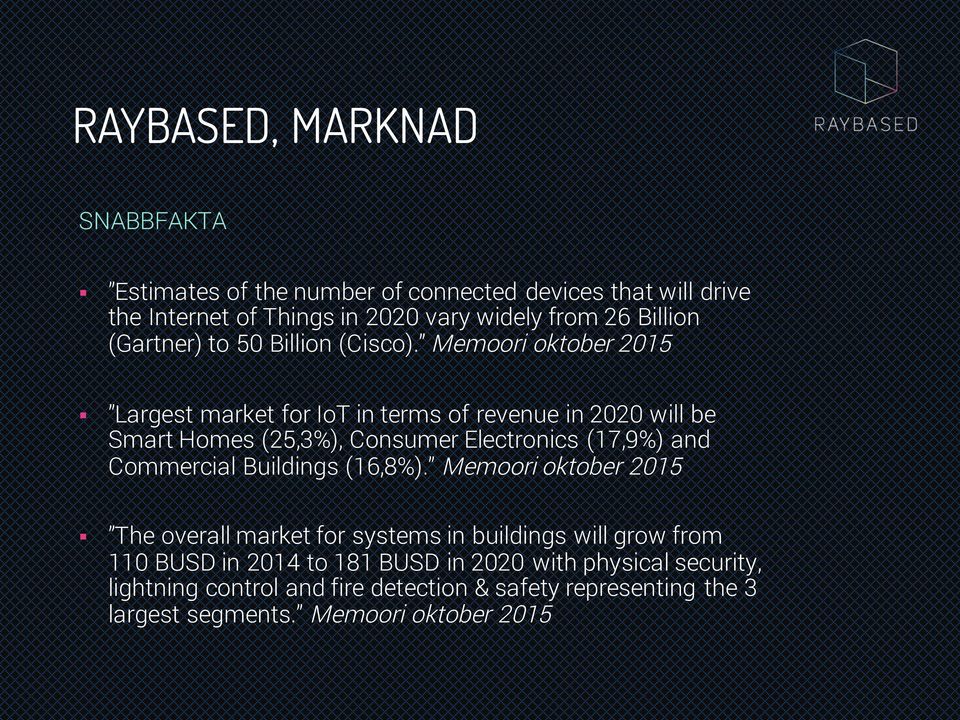 Memoori oktober 2015 Largest market for IoT in terms of revenue in 2020 will be Smart Homes (25,3%), Consumer Electronics (17,9%) and Commercial