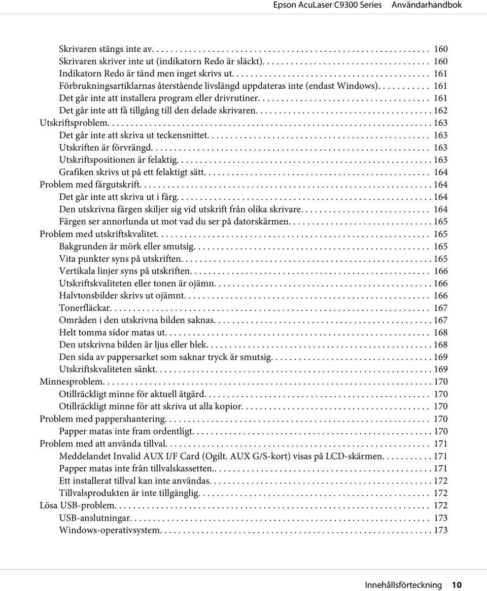 ........ 161 Det går inte att få tillgång till den delade skrivaren... 162 Utskriftsproblem... 163 Det går inte att skriva ut teckensnittet... 163 Utskriften är förvrängd.