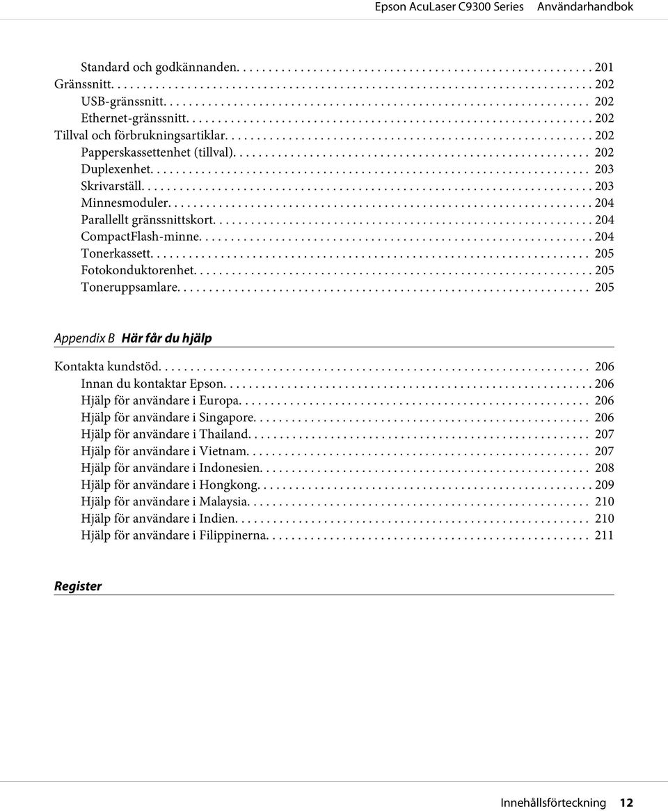 .. 205 Appendix B Här får du hjälp Kontakta kundstöd... 206 Innan du kontaktar Epson.... 206 Hjälp för användare i Europa... 206 Hjälp för användare i Singapore... 206 Hjälp för användare i Thailand.