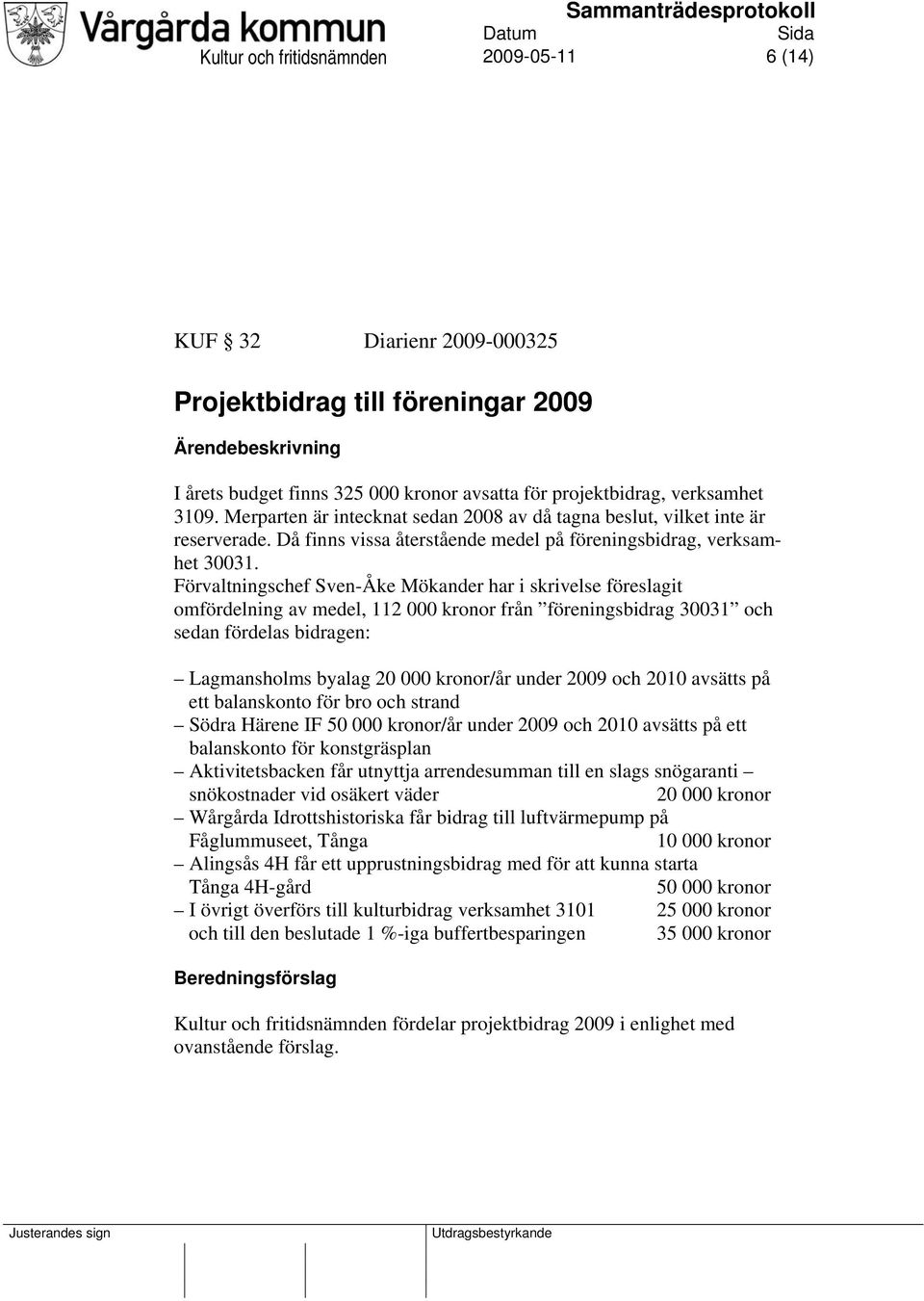 Förvaltningschef Sven-Åke Mökander har i skrivelse föreslagit omfördelning av medel, 112 000 kronor från föreningsbidrag 30031 och sedan fördelas bidragen: Lagmansholms byalag 20 000 kronor/år under