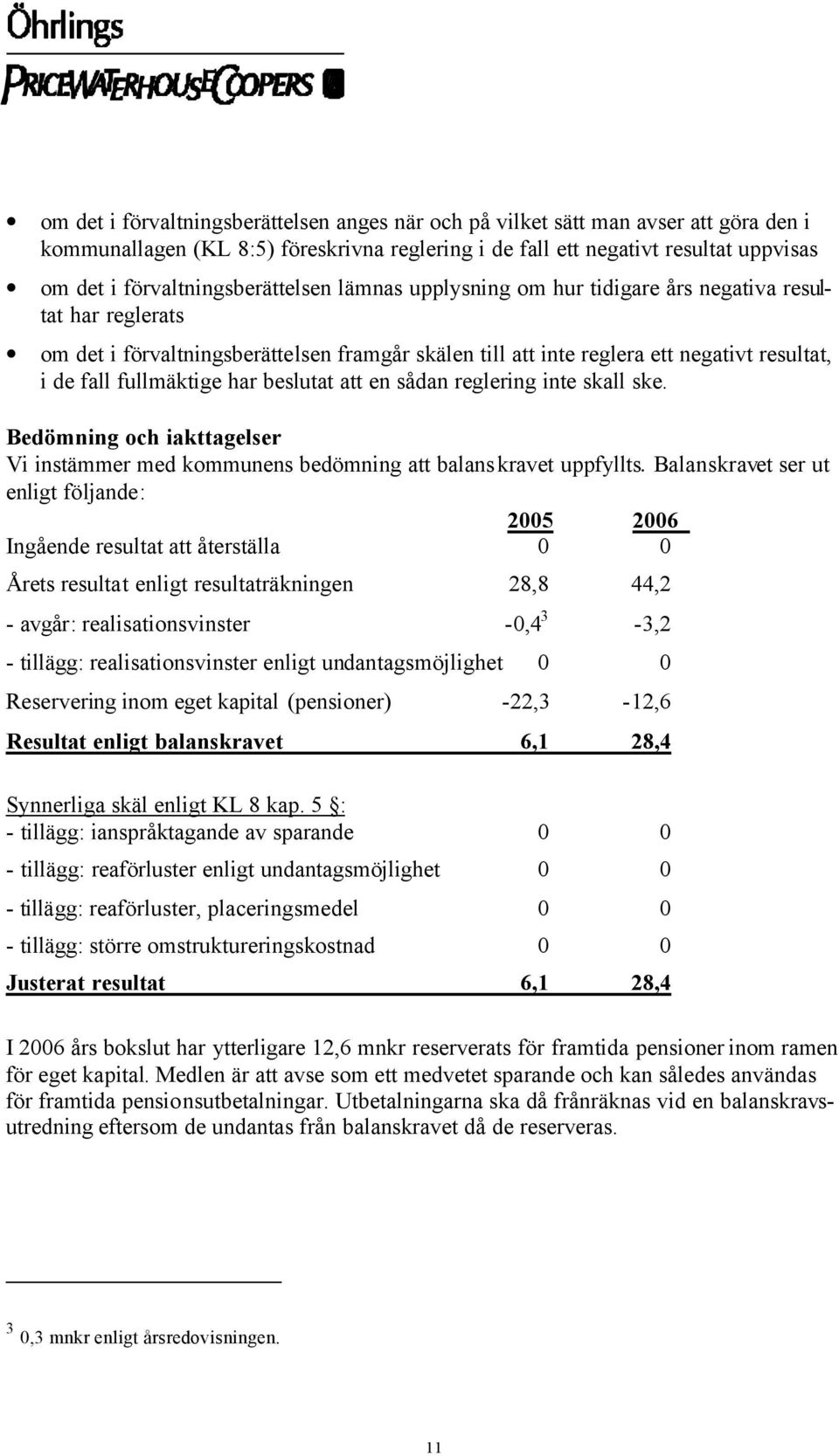 fullmäktige har beslutat att en sådan reglering inte skall ske. Bedömning och iakttagelser Vi instämmer med kommunens bedömning att balanskravet uppfyllts.