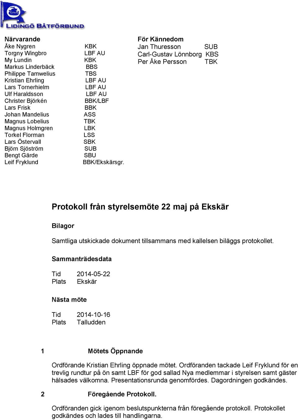 För Kännedom Jan Thuresson SUB Carl-Gustav Lönnborg KBS Per Åke Persson TBK Protokoll från styrelsemöte 22 maj på Ekskär Bilagor Samtliga utskickade dokument tillsammans med kallelsen biläggs