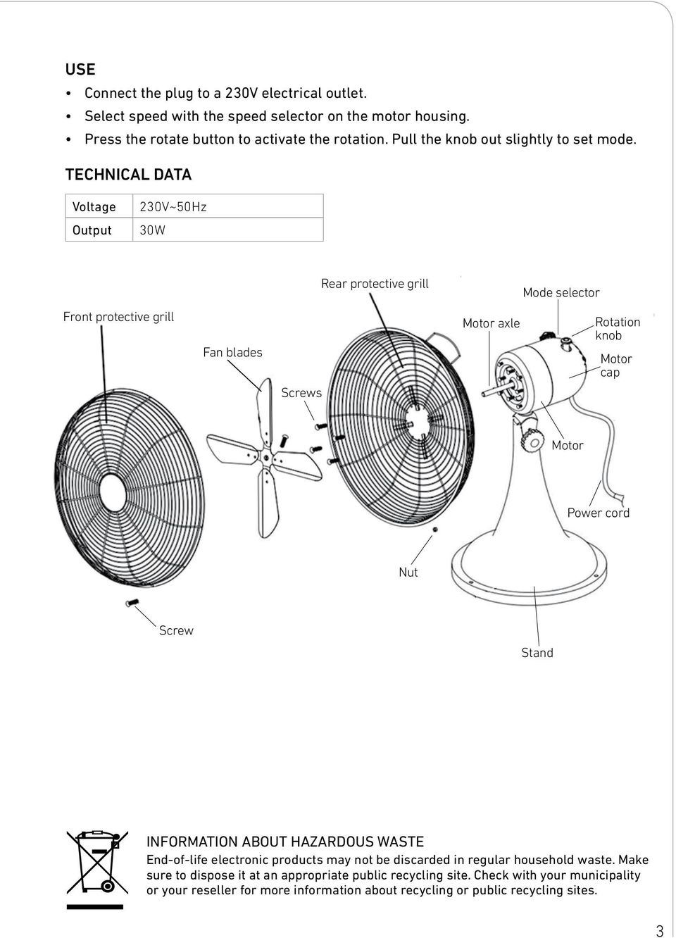 TECHNICAL DATA Voltage Output 230V~50Hz 30W Rear protective grill Mode selector Front protective grill Fan blades Screws Motor axle Rotation knob Motor cap Motor Power