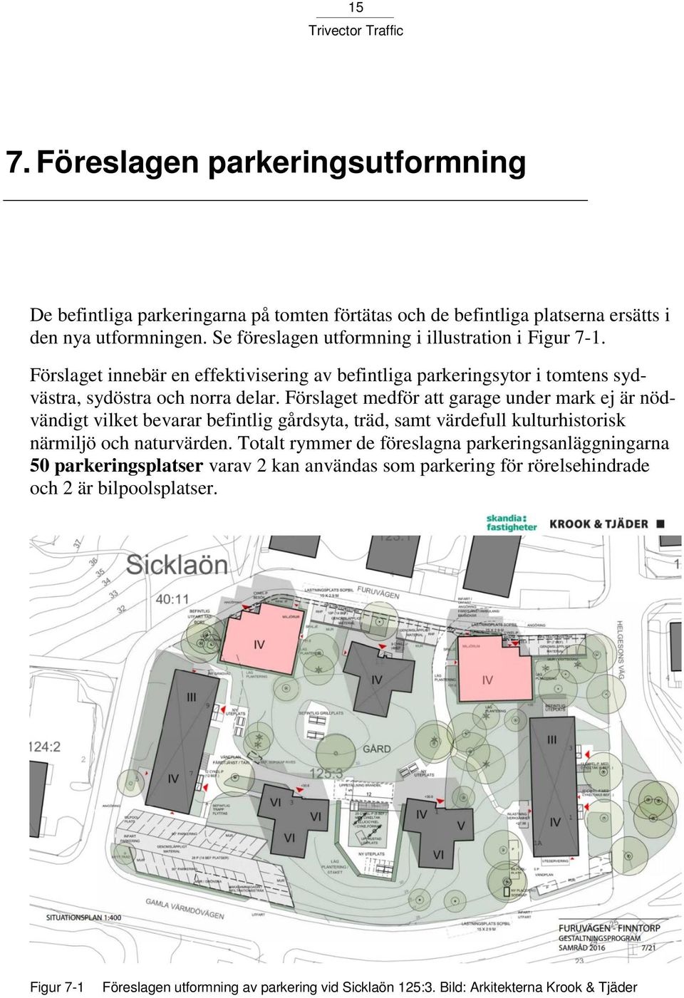 Förslaget medför att garage under mark ej är nödvändigt vilket bevarar befintlig gårdsyta, träd, samt värdefull kulturhistorisk närmiljö och naturvärden.