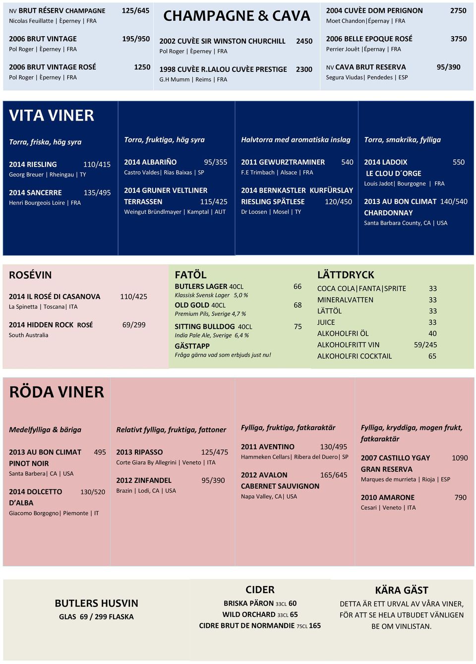 H Mumm Reims FRA 2004 CUVÈE DOM PERIGNON 2750 Moet Chandon Épernay FRA 2006 BELLE EPOQUE ROSÉ 3750 Perrier Jouêt Épernay FRA NV CAVA BRUT RESERVA 95/390 Segura Viudas Pendedes ESP VITA VINER Torra,