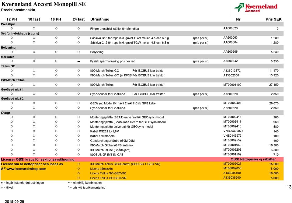 5 g (pris per st) AA600063 1 280 Såskiva C12 5 g (pris per st) AA600064 1 280 Belysning Belysning AA600605 5 230 Markörer Fysisk spårmarkering pris per rad (pris per st) AA600642 6 350 Tellus GO ISO