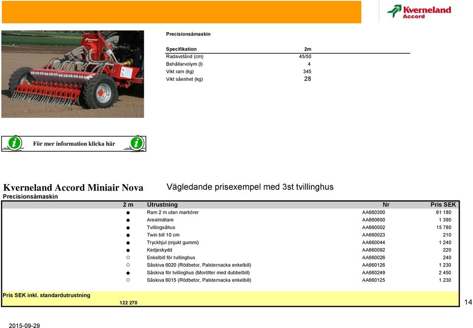 AA660002 15 780 Twin bill 10 cm AA660023 210 Tryckhjul (mjukt gummi) AA660044 1 240 Kedjeskydd AA660092 220 Enkelbill för tvillinghus AA660026 240 Såskiva 6020 (Rödbetor,