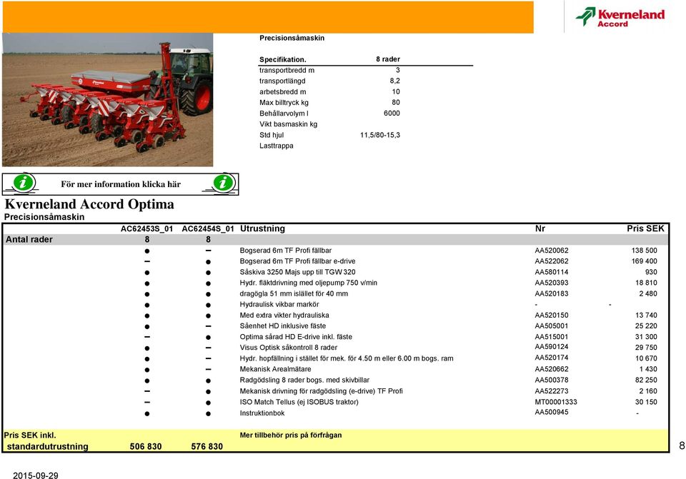 Accord Optima Precisionsåmaskin AC62453S_01 AC62454S_01 Utrustning Nr Pris SEK Antal rader 8 8 Bogserad 6m TF Profi fällbar AA520062 138 500 Bogserad 6m TF Profi fällbar e-drive AA522062 169 400