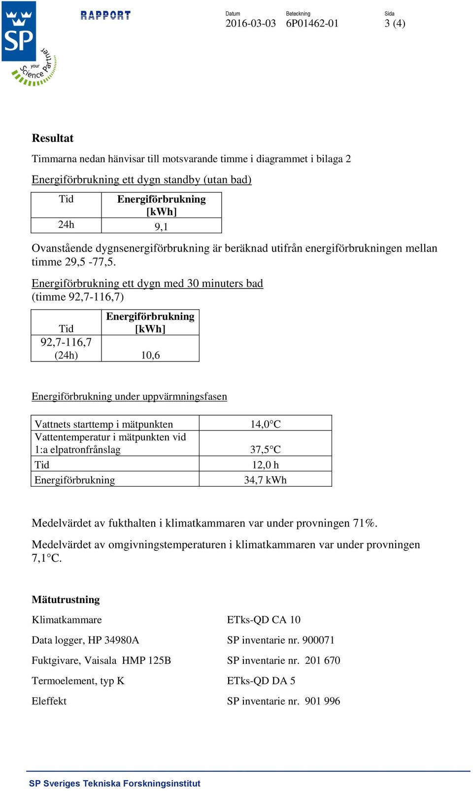 Energiförbrukning ett dygn med 30 minuters bad (timme 92,7-116,7) Energiförbrukning Tid [kwh] 92,7-116,7 (24h) 10,6 Energiförbrukning under uppvärmningsfasen Vattnets starttemp i mätpunkten 14,0 C