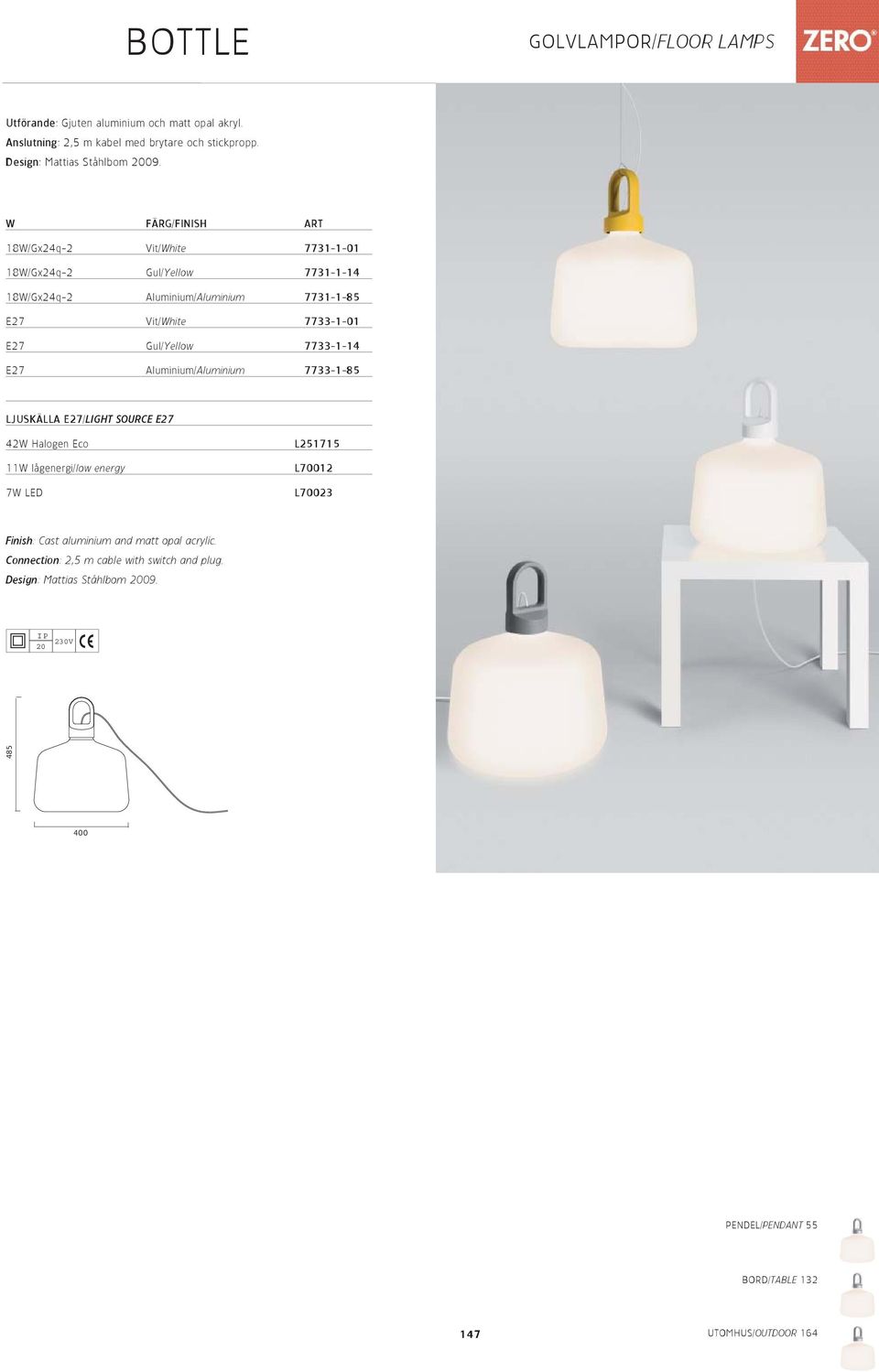 7733-1-14 E27 Aluminium/Aluminium 7733-1-85 LJUSKÄLLA E27/LIGHT SOURCE E27 42W Halogen Eco 11W lågenergi/low energy 7W LED L251715 L70012 L70023 Finish: Cast