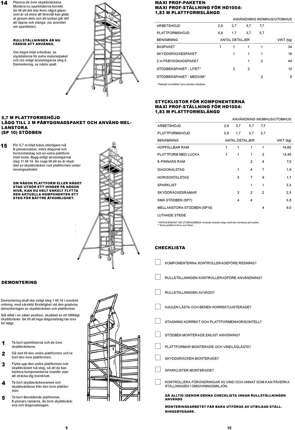 RULLSTÄLLNINGEN ÄR NU FÄRDIG ATT ANVÄNDA. Om högre höjd erfordras, se stycklistorna för extra materielpaket och res enligt anvisningarna steg 2. Demontering, se nästa spalt.