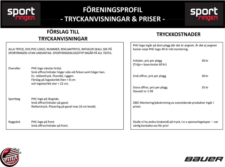 Små siffror/initialer höger sida vid fickan samt höger ben. Ev. reklamtryck. Överdel, ryggen. Förslag på logostorlek liten = 8 cm och logostorlek stor = 22 cm.