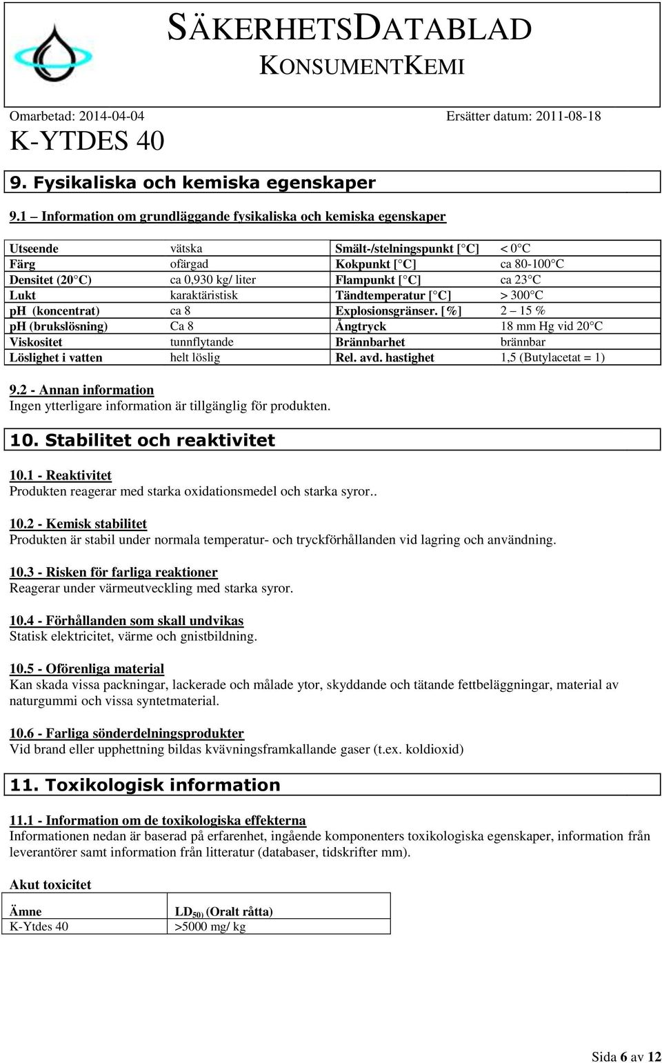 [ C] ca 23 C Lukt karaktäristisk Tändtemperatur [ C] > 300 C ph (koncentrat) ca 8 Explosionsgränser.