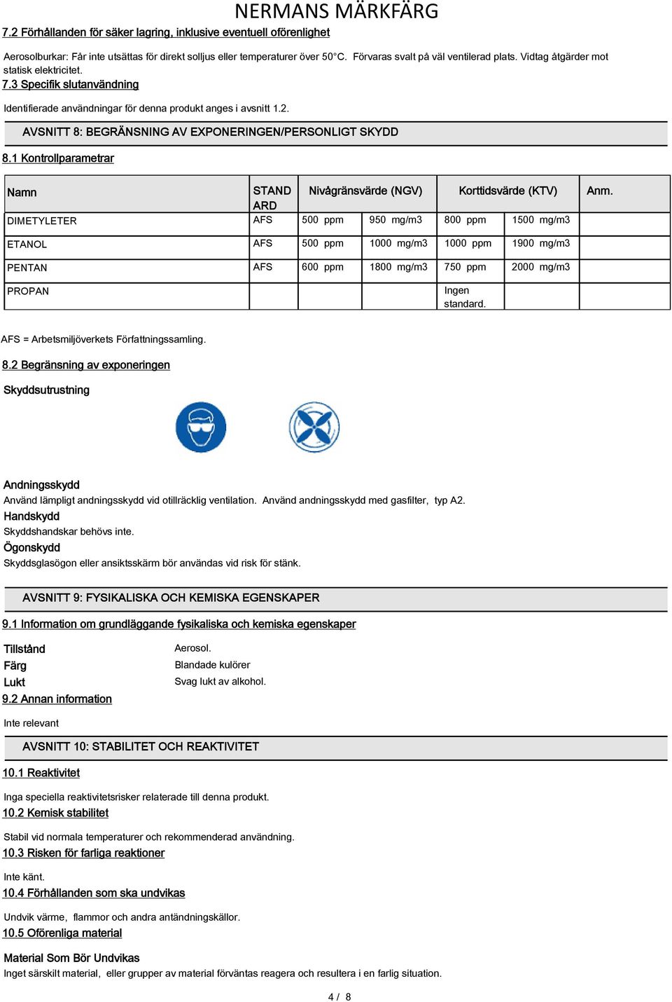 1 Kontrollparametrar Namn DIMETYLETER ETANOL PENTAN PROPAN STAND ARD Nivågränsvärde (NGV) Korttidsvärde (KTV) AFS 500 ppm 950 mg/m3 800 ppm 1500 mg/m3 AFS 500 ppm 1000 mg/m3 1000 ppm 1900 mg/m3 AFS