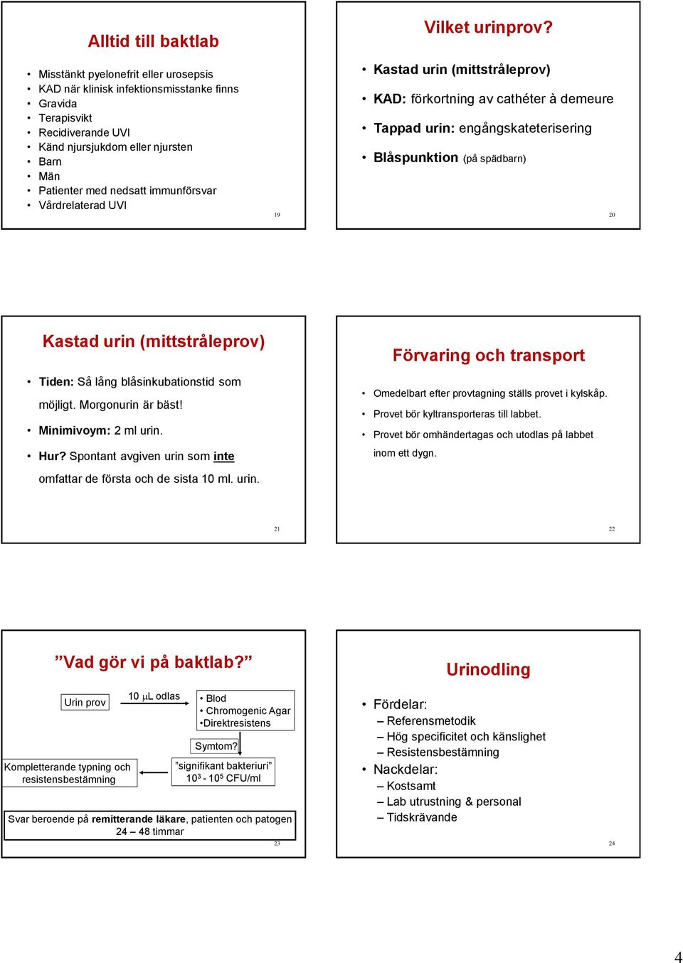 Kastad urin (mittstråleprov) KAD: förkortning av cathéter à demeure Tappad urin: engångskateterisering Blåspunktion (på spädbarn) 20 Kastad urin (mittstråleprov) Tiden: Så lång blåsinkubationstid som