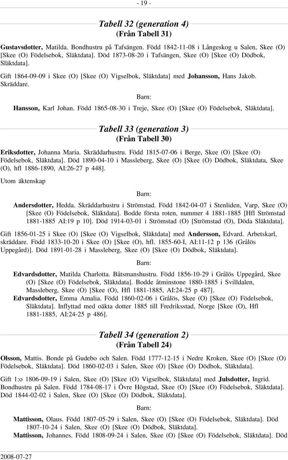 Hans Jakob. Skräddare. Hansson, Karl Johan. Född 1865-08-30 i Treje, Skee (O) [Skee (O) Födelsebok, Tabell 33 (generation 3) (Från Tabell 30) Eriksdotter, Johanna Maria. Skräddarhustru.