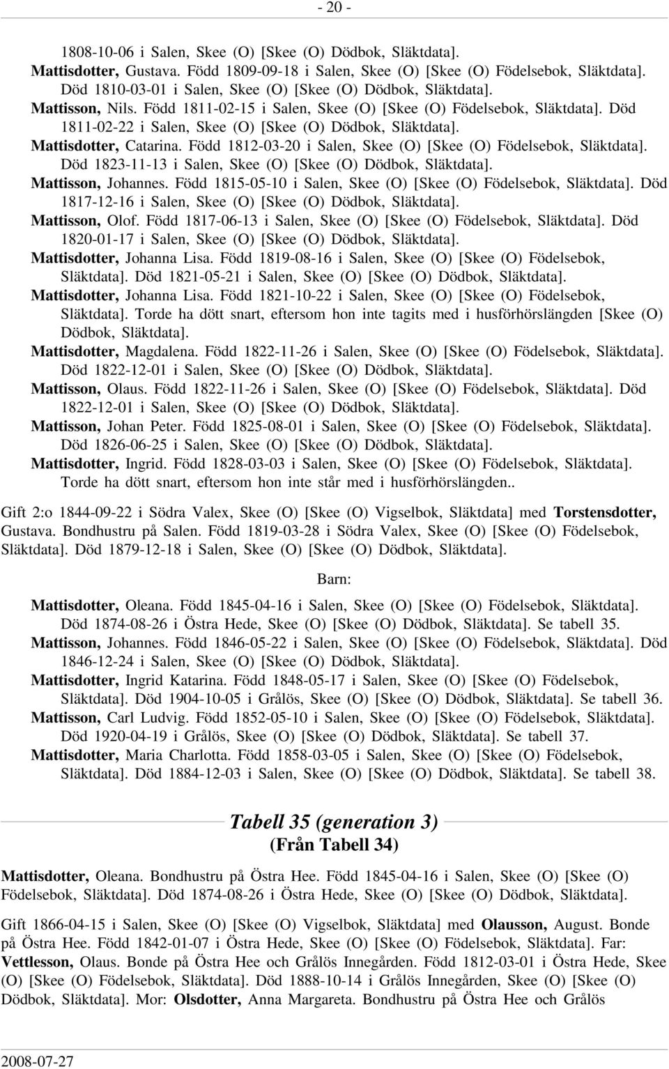 Född 1812-03-20 i Salen, Skee (O) [Skee (O) Födelsebok, Död 1823-11-13 i Salen, Skee (O) [Skee (O) Dödbok, Mattisson, Johannes.