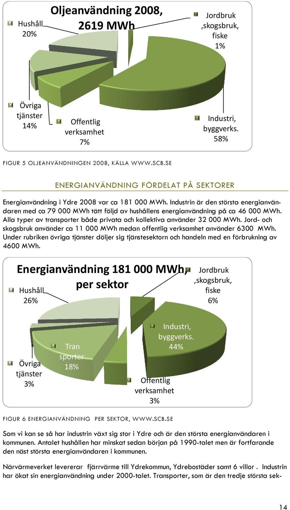 Industrin är den största energianvändaren med ca 79 000 MWh tätt följd av hushållens energianvändning på ca 46 000 MWh. Alla typer av transporter både privata och kollektiva använder 32 000 MWh.