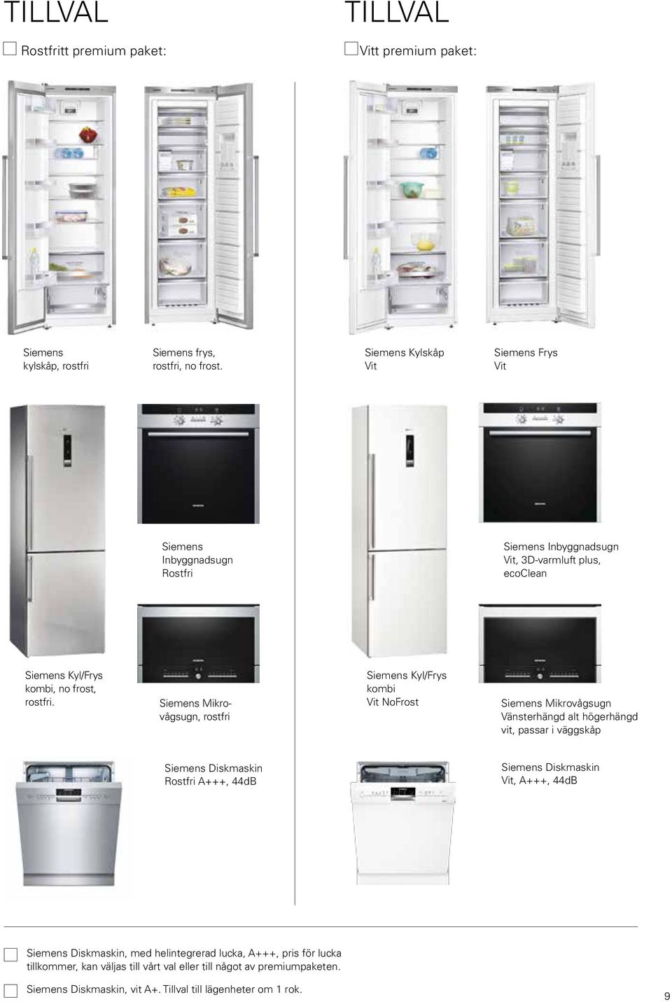 Siemens Mikrovågsugn, rostfri Siemens Kyl/Frys kombi Vit NoFrost Siemens Mikrovågsugn Vänsterhängd alt högerhängd vit, passar i väggskåp Siemens Diskmaskin Rostfri A+++,