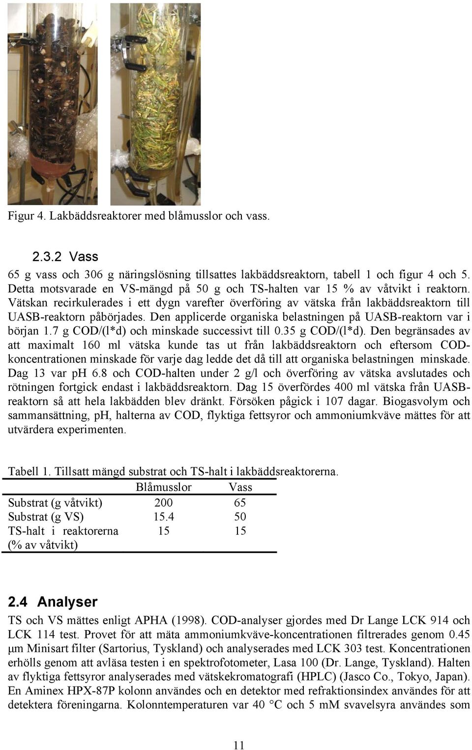 Den applicerde organiska belastningen på UASB-reaktorn var i början 1.7 g COD/(l*d) och minskade successivt till 0.35 g COD/(l*d).