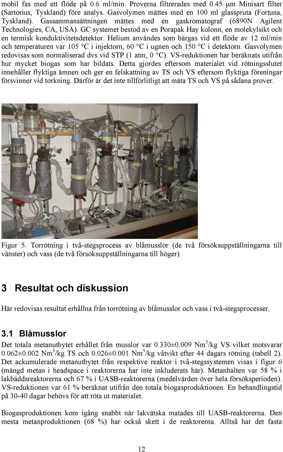 Helium användes som bärgas vid ett flöde av 12 ml/min och temperaturen var 105 C i injektorn, 60 C i ugnen och 150 C i detektorn. Gasvolymen redovisas som normaliserad dvs vid STP (1 atm, 0 C).