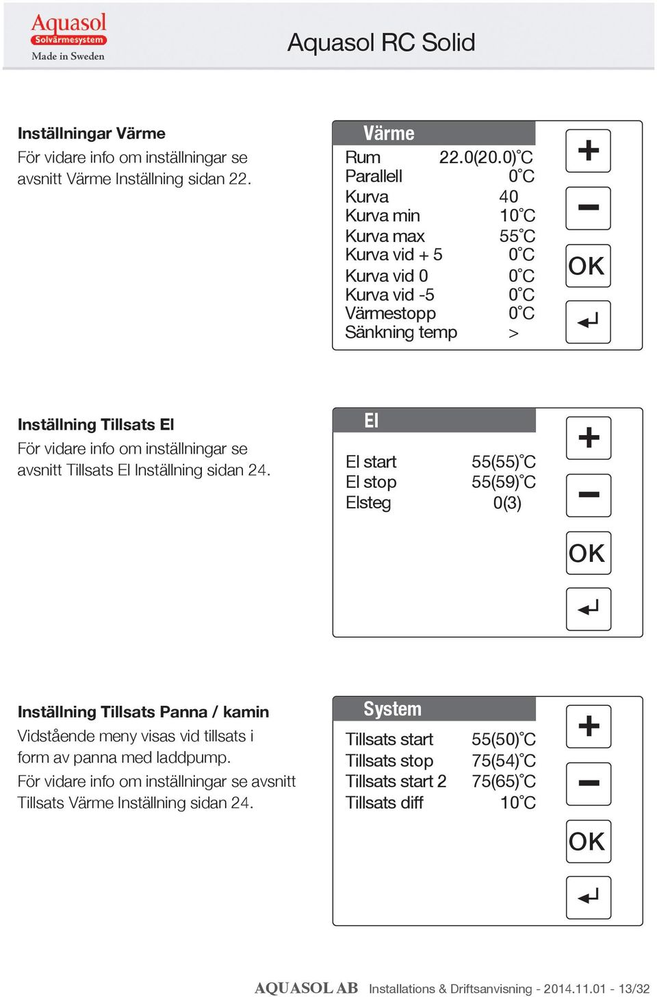 0) C 0 C 40 10 C 55 C 0 C 0 C 0 C 0 C > Inställning Tillsats El För vidare info om inställningar se avsnitt Tillsats El Inställning sidan 24.