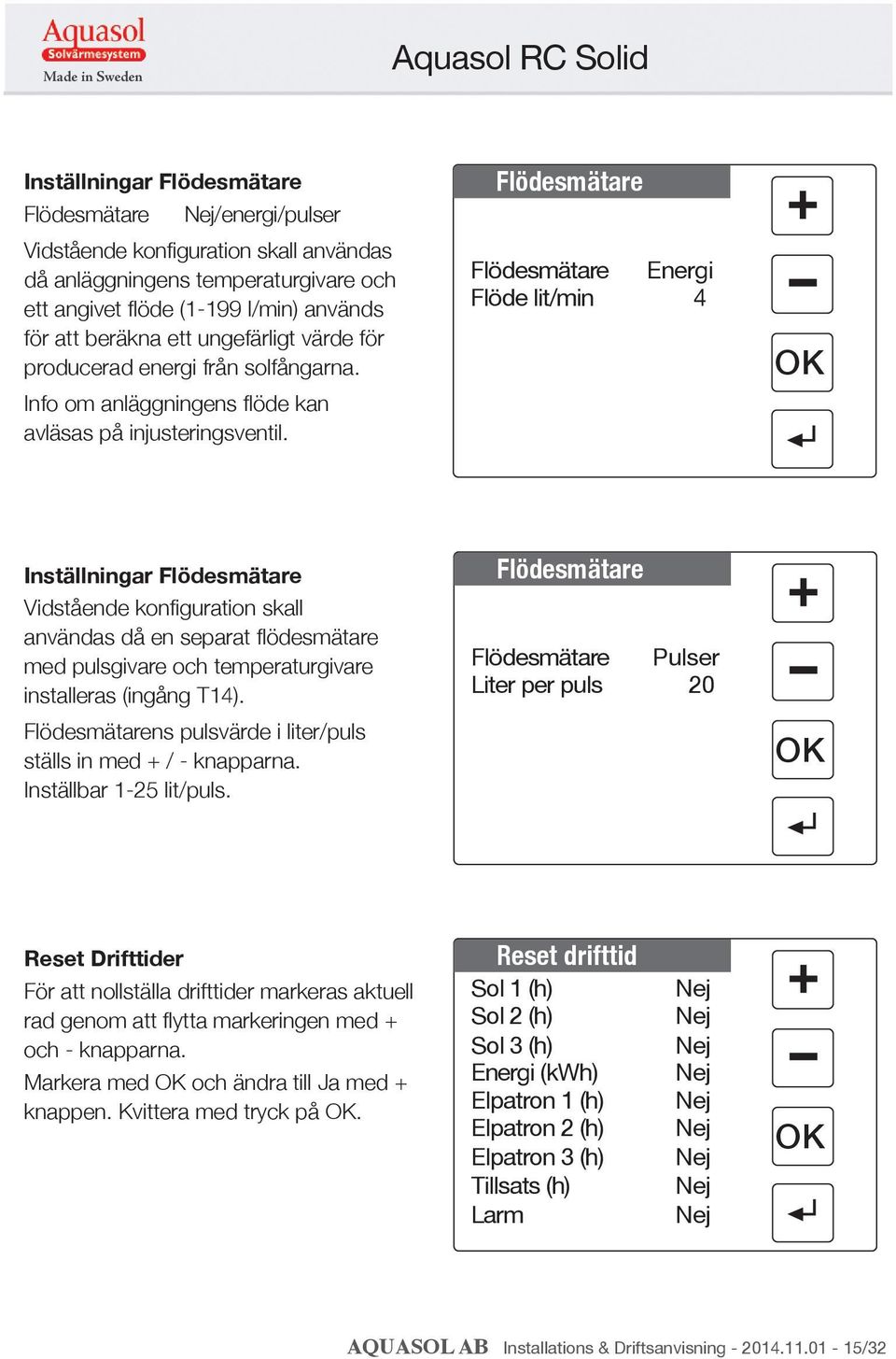 Flödesmätare Flödesmätare Flöde lit/min Energi 4 Inställningar Flödesmätare Vidstående konfiguration skall användas då en separat flödesmätare med pulsgivare och temperaturgivare installeras (ingång