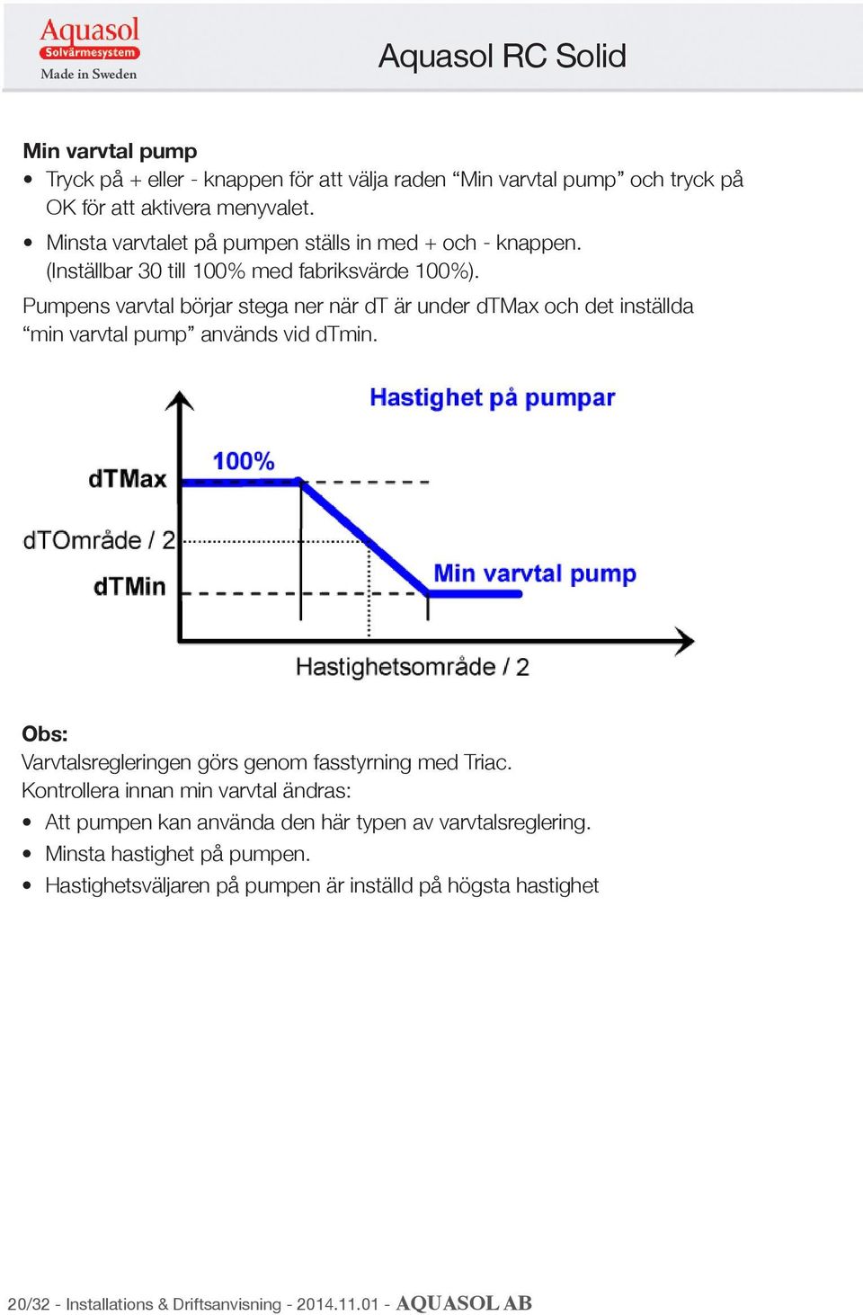 Pumpens varvtal börjar stega ner när dt är under dtma och det inställda min varvtal pump används vid dtmin.