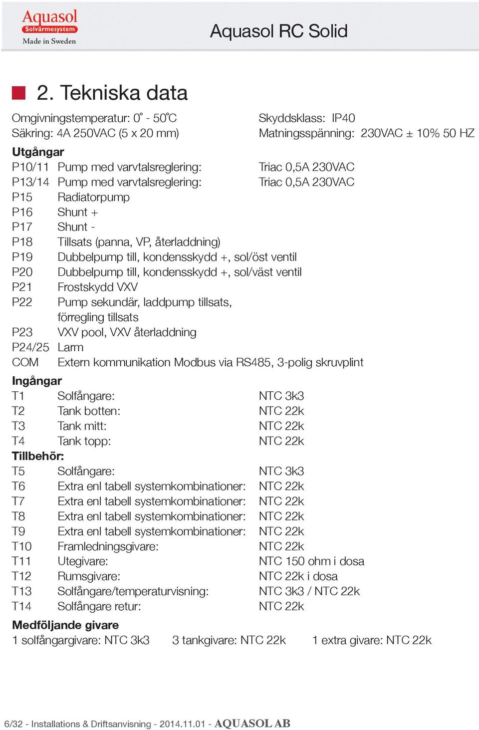 kondensskydd +, sol/väst ventil P21 Frostskydd VXV P22 Pump sekundär, laddpump tillsats, förregling tillsats P23 VXV pool, VXV återladdning P24/25 Larm COM Etern kommunikation Modbus via RS485,