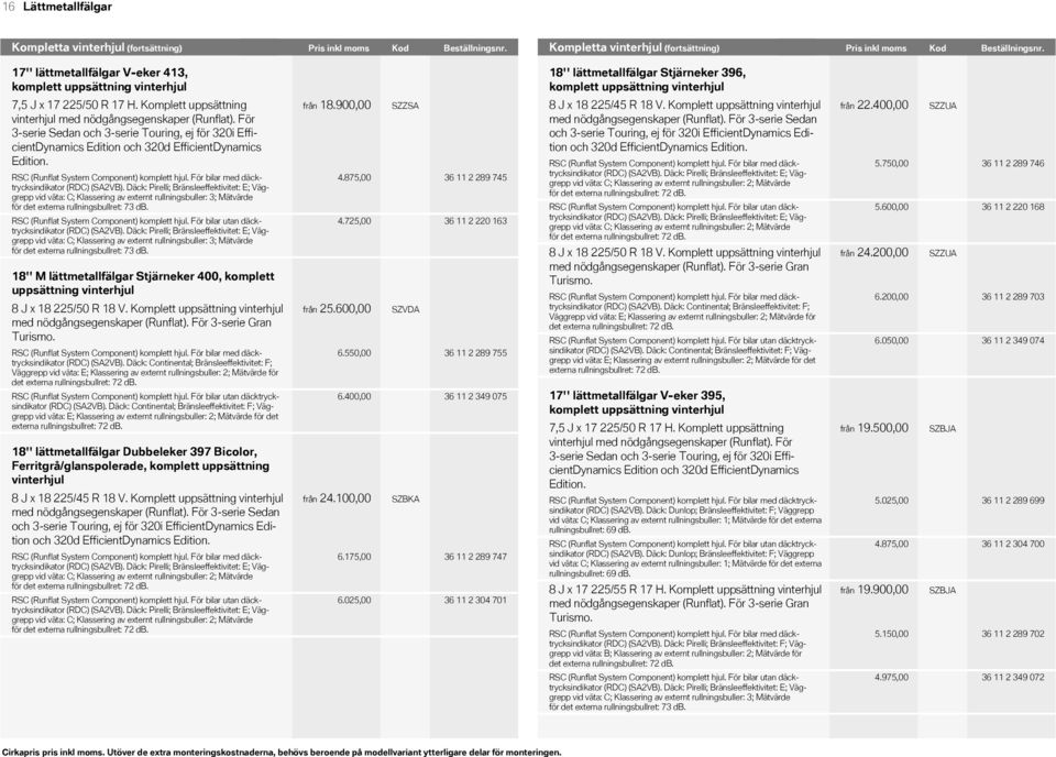 17'' lättmetallfälgar V-eker 413, komplett uppsättning vinterhjul 18'' lättmetallfälgar Stjärneker 396, komplett uppsättning vinterhjul 7,5 J x 17 225/50 R 17 H.