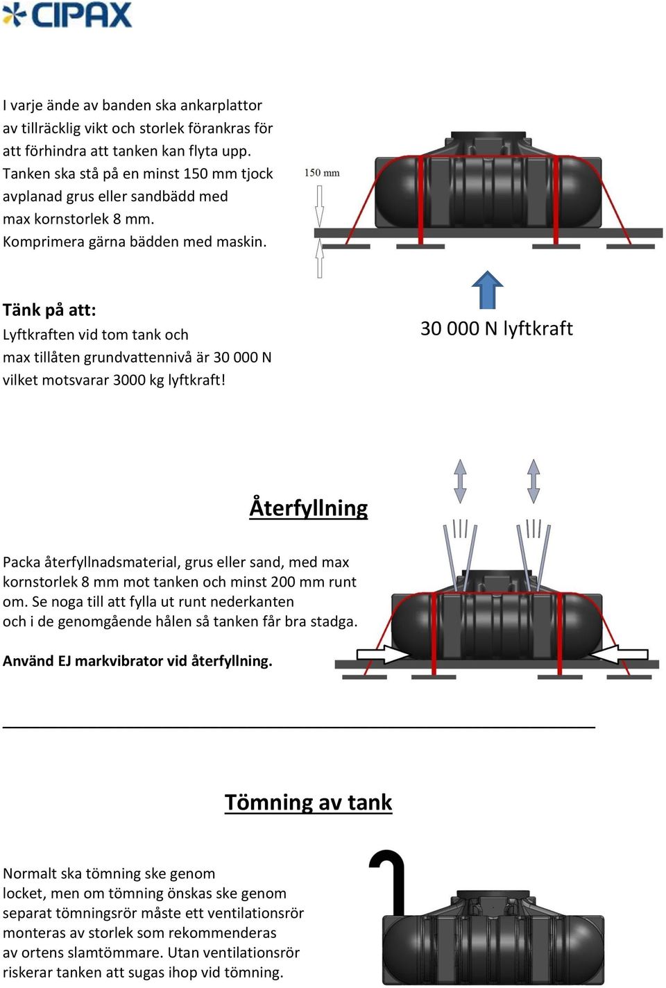 Tänk på att: Lyftkraften vid tom tank och max tillåten grundvattennivå är 30 000 N vilket motsvarar 3000 kg lyftkraft!