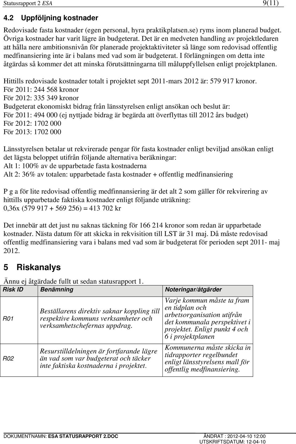 budgeterat. I förlängningen om detta inte åtgärdas så kommer det att minska förutsättningarna till måluppfyllelsen enligt projektplanen.