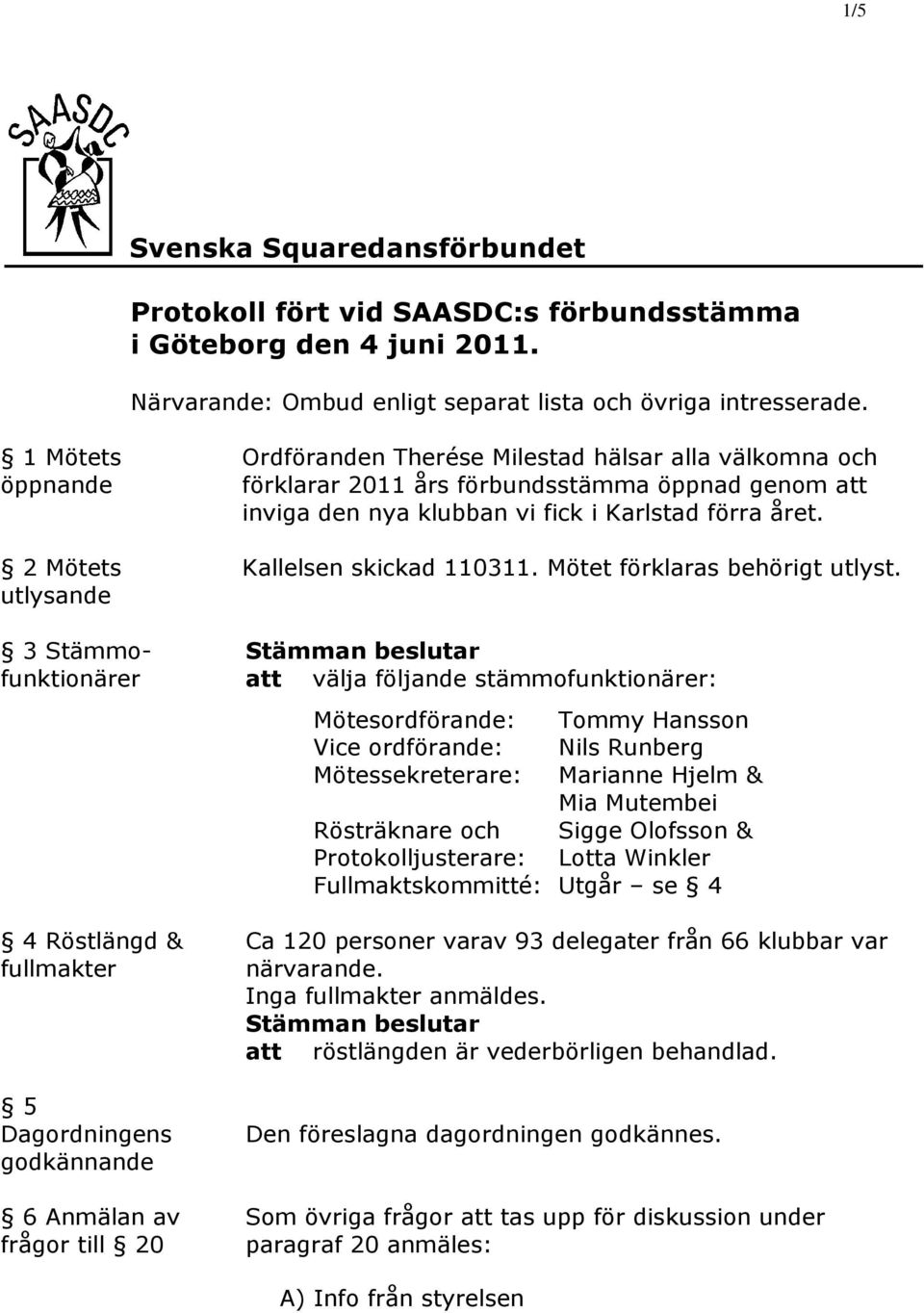förklarar 2011 års förbundsstämma öppnad genom att inviga den nya klubban vi fick i Karlstad förra året. Kallelsen skickad 110311. Mötet förklaras behörigt utlyst.