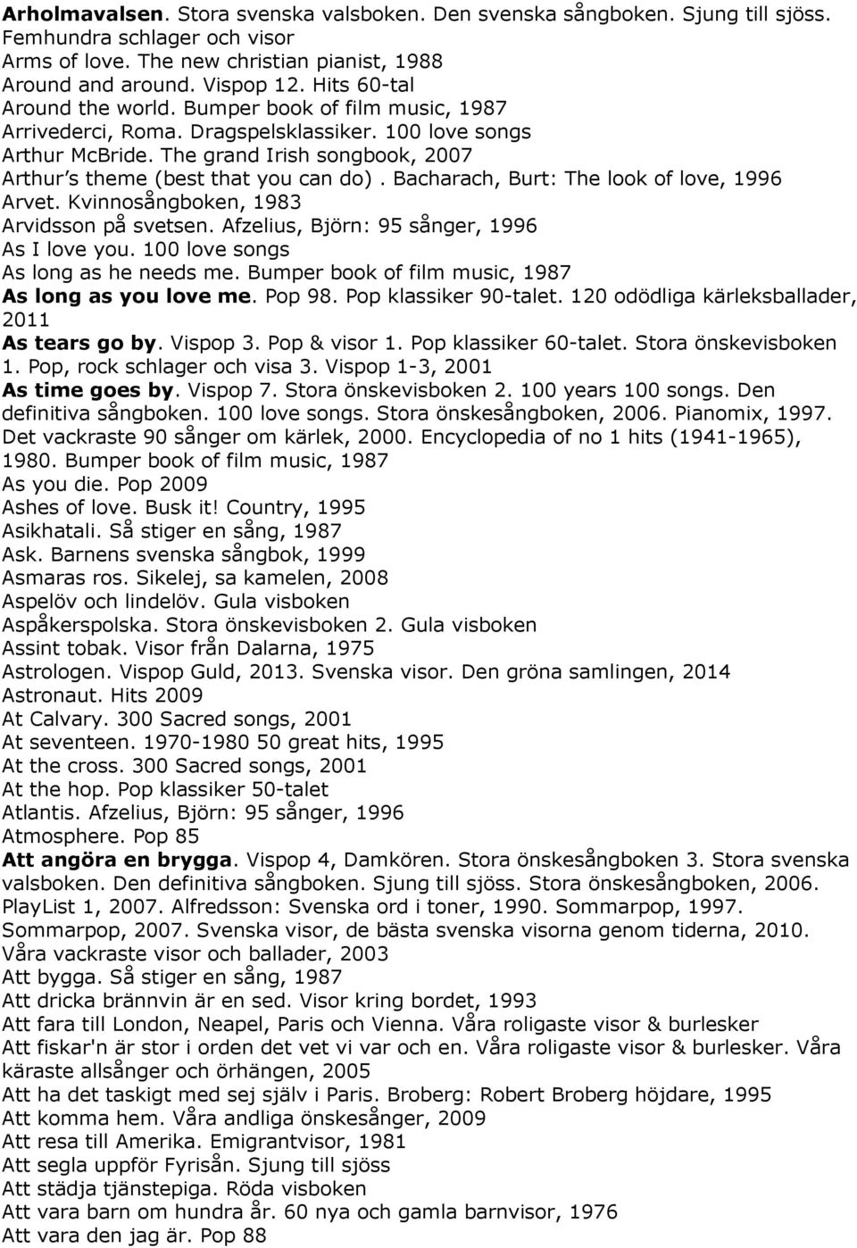 The grand Irish songbook, 2007 Arthur s theme (best that you can do). Bacharach, Burt: The look of love, 1996 Arvet. Kvinnosångboken, 1983 Arvidsson på svetsen.