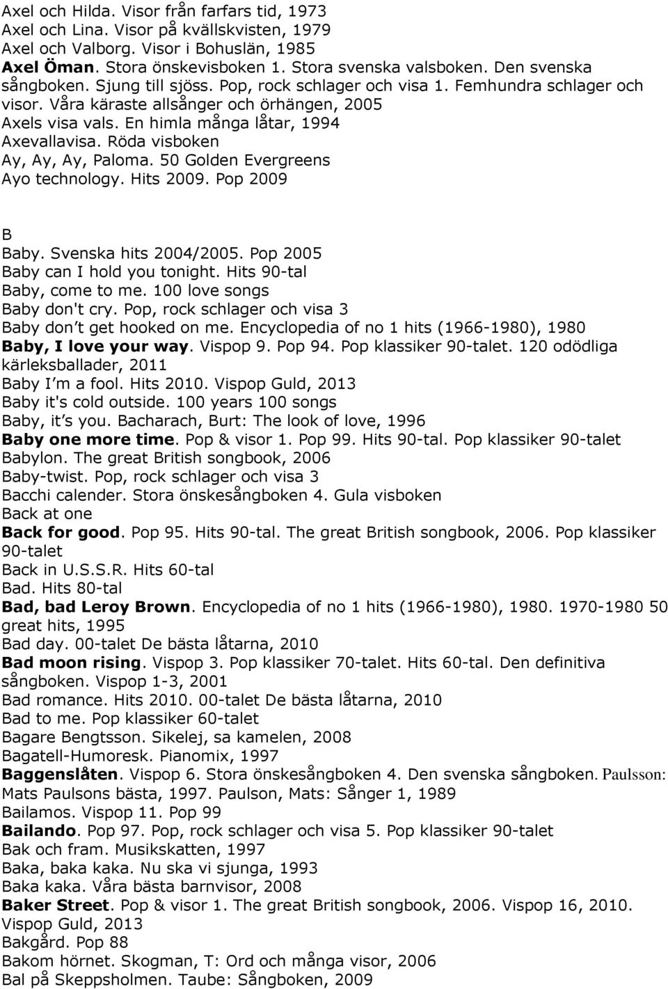 En himla många låtar, 1994 Axevallavisa. Röda visboken Ay, Ay, Ay, Paloma. 50 Golden Evergreens Ayo technology. Hits 2009. Pop 2009 B Baby. Svenska hits 2004/2005.