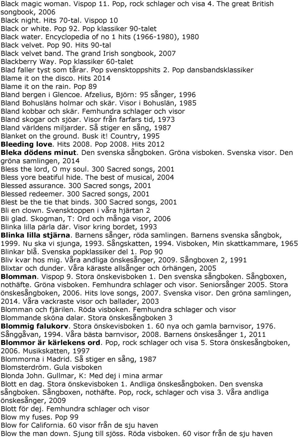 Pop svensktoppshits 2. Pop dansbandsklassiker Blame it on the disco. Hits 2014 Blame it on the rain. Pop 89 Bland bergen i Glencoe. Afzelius, Björn: 95 sånger, 1996 Bland Bohusläns holmar och skär.