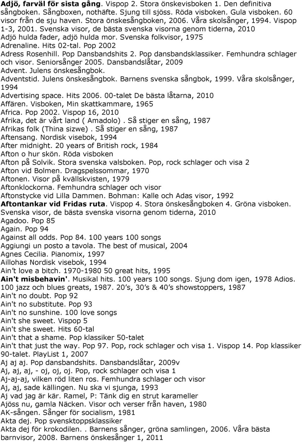 Hits 02-tal. Pop 2002 Adress Rosenhill. Pop Dansbandshits 2. Pop dansbandsklassiker. Femhundra schlager och visor. Seniorsånger 2005. Dansbandslåtar, 2009 Advent. Julens önskesångbok. Adventstid.